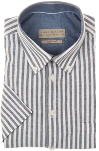 John Miller Short Sleeve Soft Stripe Button-Down Tailored Overhemd Donker Blauw
