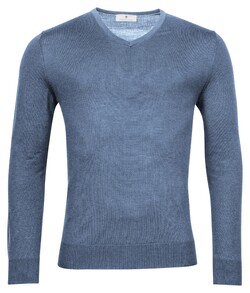 Thomas Maine V-Neck Single Knit Merino Trui Jeans Blue Melange